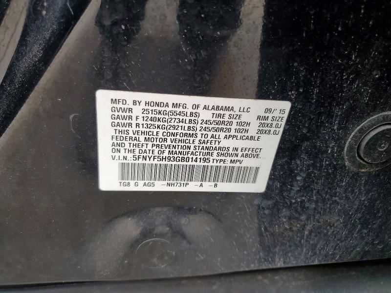 2016 Honda Pilot მანქანა იყიდება აუქციონზე, vin: 5FNYF5H93GB014195, აუქციონის ნომერი: 61792756