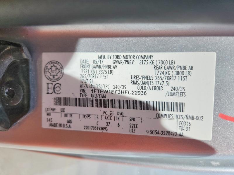2017 Ford F150 მანქანა იყიდება აუქციონზე, vin: 1FTEW1EF3HFC22936, აუქციონის ნომერი: 59899656
