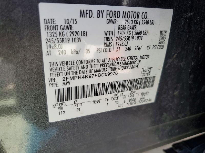 Продажа на аукционе авто 2015 Ford Edge, vin: 2FMPK4K97FBC09976, номер лота: 58384976