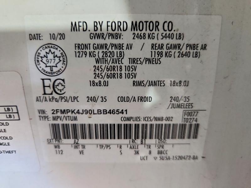 2020 Ford Edge მანქანა იყიდება აუქციონზე, vin: 2FMPK4J90LBB46541, აუქციონის ნომერი: 60789386