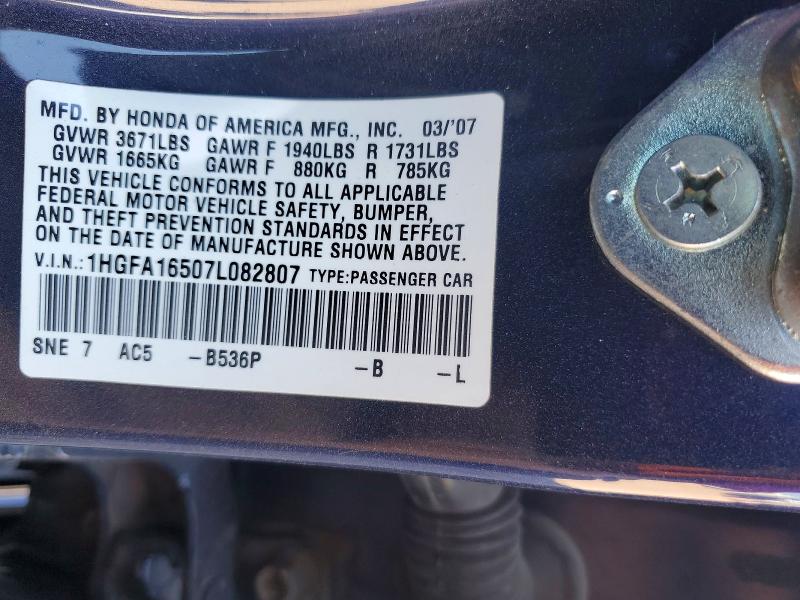 Продаж на аукціоні авто 2007 Honda Civic, vin: 1HGFA16507L082807, номер лоту: 59390126