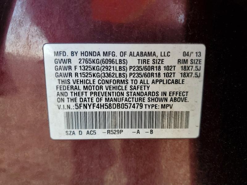 2013 Honda Pilot მანქანა იყიდება აუქციონზე, vin: 5FNYF4H58DB057479, აუქციონის ნომერი: 60181536