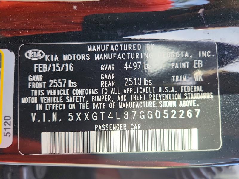 2016 Kia Optima მანქანა იყიდება აუქციონზე, vin: 5XXGT4L37GG052267, აუქციონის ნომერი: 62260076