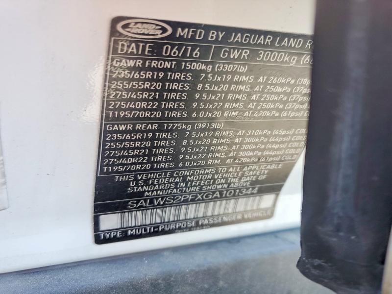 2016 Land Rover Range Rover Sport მანქანა იყიდება აუქციონზე, vin: SALWS2PFXGA101344, აუქციონის ნომერი: 60008016