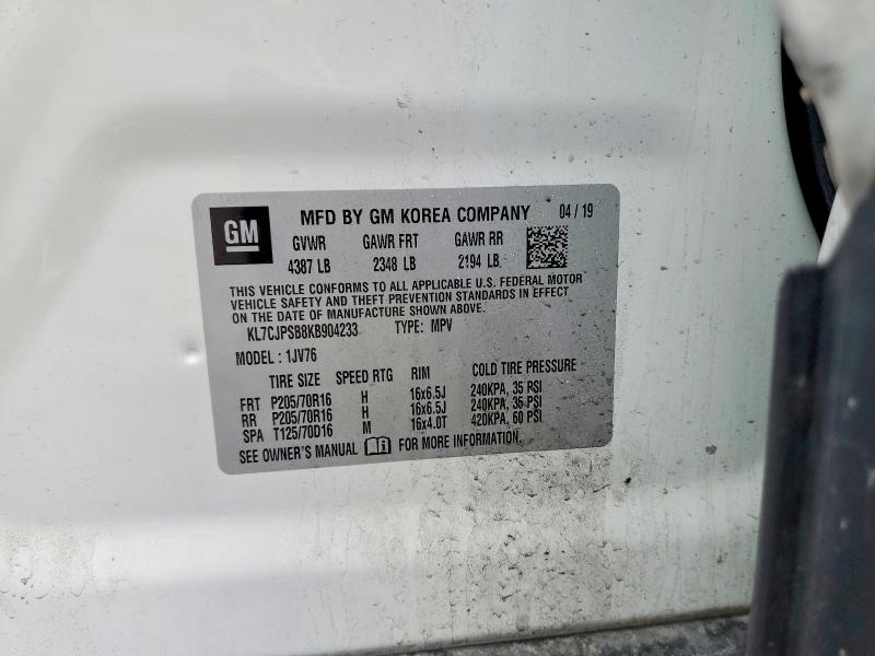 2019 Chevrolet Trax მანქანა იყიდება აუქციონზე, vin: KL7CJPSB8KB904233, აუქციონის ნომერი: 59688496