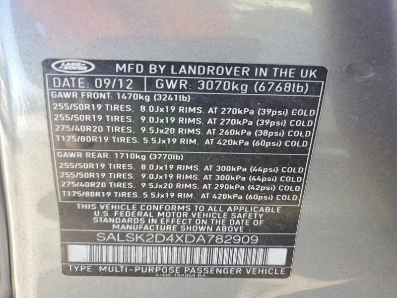2013 Land Rover Range Rover Sport მანქანა იყიდება აუქციონზე, vin: SALSK2D4XDA782909, აუქციონის ნომერი: 61802876