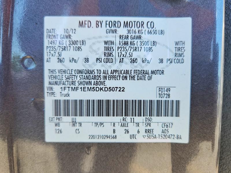 Продаж на аукціоні авто 2013 Ford F150, vin: 1FTMF1EM5DKD50722, номер лоту: 62253476