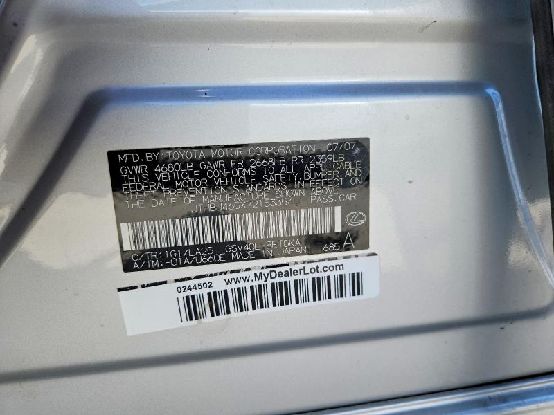 2007 Lexus Es მანქანა იყიდება აუქციონზე, vin: JTHBJ46GX72153354, აუქციონის ნომერი: 62820486
