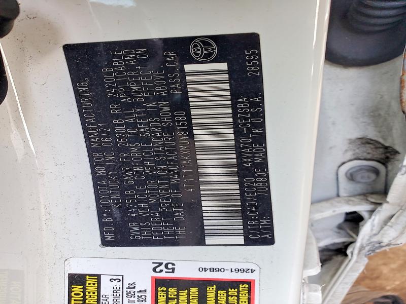 2021 Toyota Camry მანქანა იყიდება აუქციონზე, vin: 4T1T11AKXMU481580, აუქციონის ნომერი: 58704246