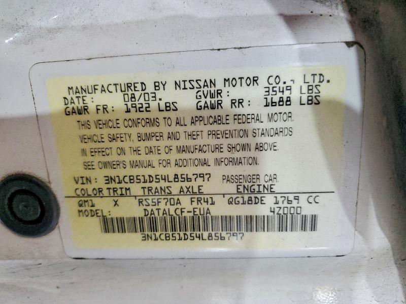 Aukcja sprzedaży 2004 Nissan Sentra, vin: 3N1CB51D54L856797, numer aukcji: 60783556