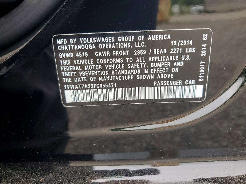 2015 Volkswagen Passat მანქანა იყიდება აუქციონზე, vin: 1VWAT7A32FC055471, აუქციონის ნომერი: 60941826
