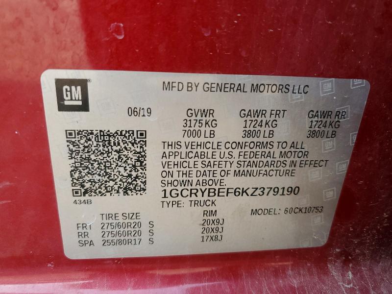 61489776 :رقم المزاد ، 1GCRYBEF6KZ379190 vin ، 2019 Chevrolet Silverado مزاد بيع