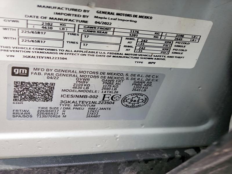 Aukcja sprzedaży 2022 Gmc Terrain, vin: 3GKALTEV1NL223504, numer aukcji: 62017986