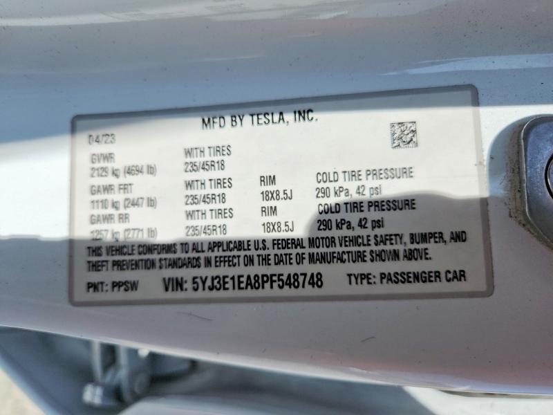 Продаж на аукціоні авто 2023 Tesla Model 3, vin: 5YJ3E1EA8PF548748, номер лоту: 85456255