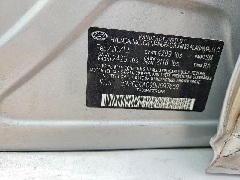2013 Hyundai Sonata მანქანა იყიდება აუქციონზე, vin: 5NPEB4AC9DH697659, აუქციონის ნომერი: 62454906
