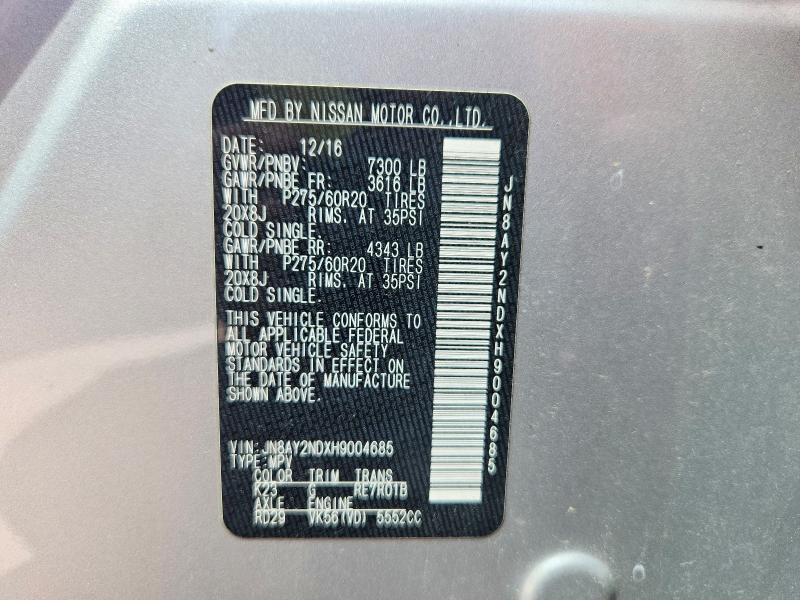 Aukcja sprzedaży 2017 Nissan Armada, vin: JN8AY2NDXH9004685, numer aukcji: 62085146