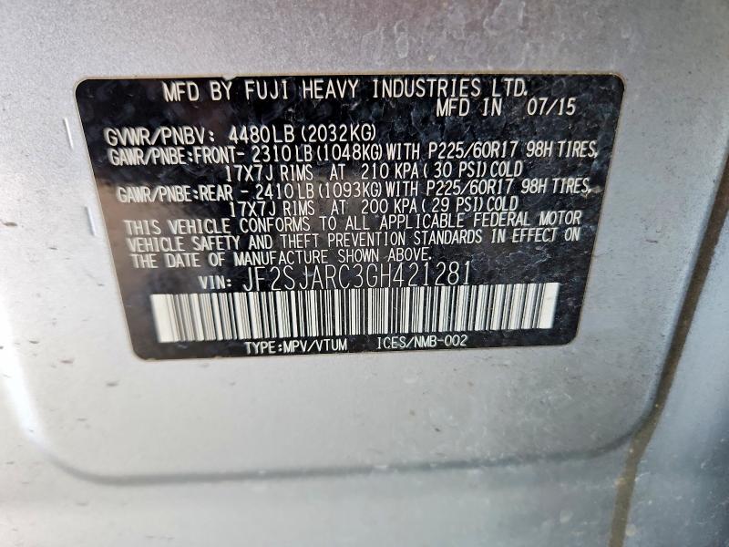 Продажа на аукционе авто 2016 Subaru Forester, vin: JF2SJARC3GH421281, номер лота: 60143016