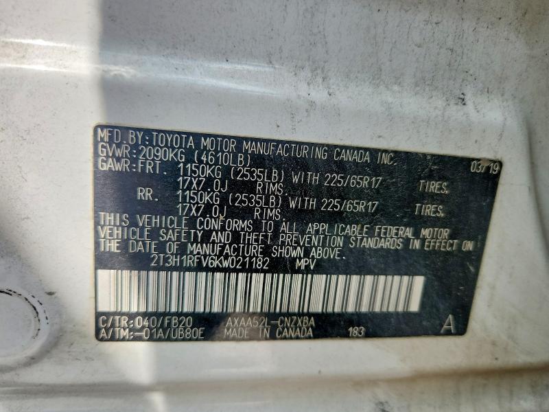 Aukcja sprzedaży 2019 Toyota Rav4, vin: 2T3H1RFV6KW021182, numer aukcji: 60182426