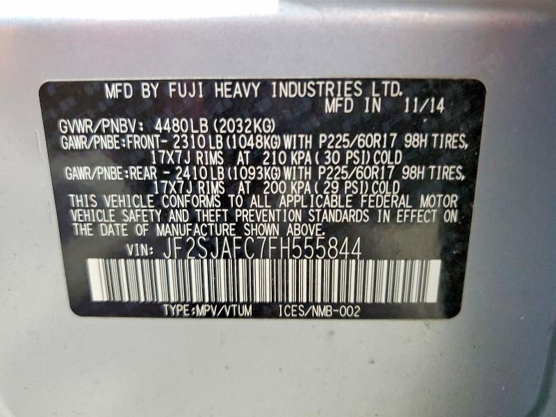 Aukcja sprzedaży 2015 Subaru Forester, vin: JF2SJAFC7FH555844, numer aukcji: 59999126