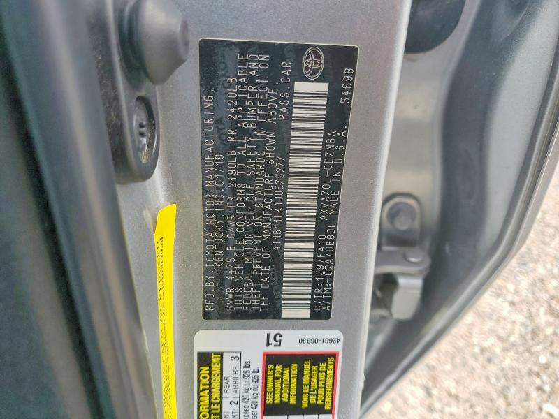 60562656 :رقم المزاد ، 4T1B11HK1JU575277 vin ، 2018 Toyota Camry مزاد بيع