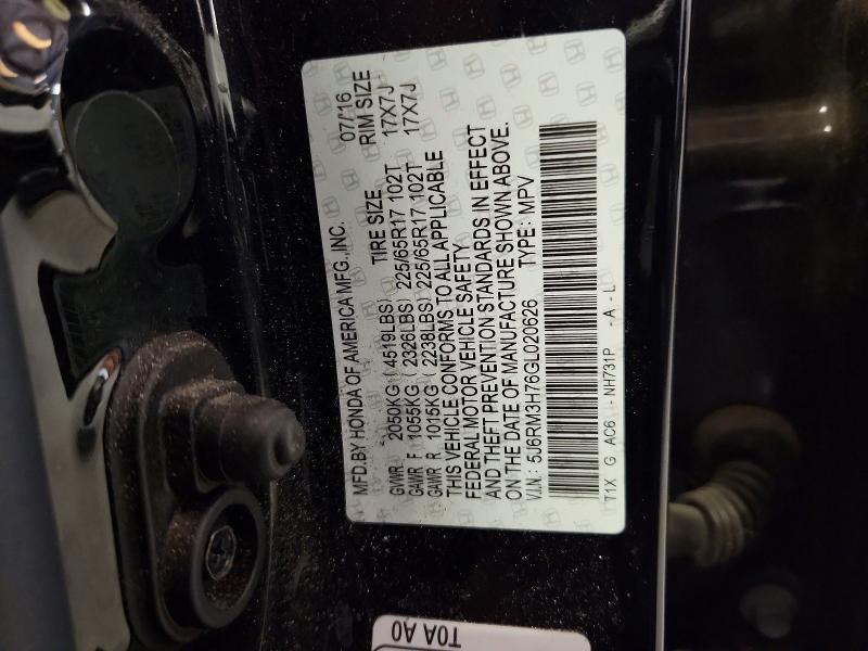 2016 Honda Crv Ex-l მანქანა იყიდება აუქციონზე, vin: 5J6RM3H76GL020626, აუქციონის ნომერი: 60917046