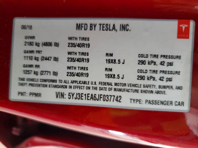 Aukcja sprzedaży 2018 Tesla Model 3, vin: 5YJ3E1EA6JF037742, numer aukcji: 61883036