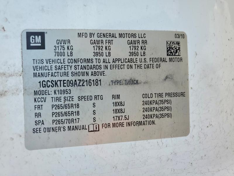 62625416 :رقم المزاد ، 1GCSKTE09AZ216181 vin ، 2010 Chevrolet Silverado مزاد بيع