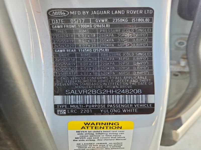 Aukcja sprzedaży 2017 Land Rover Range Rover Evoque, vin: SALVR2BG2HH248208, numer aukcji: 59735266