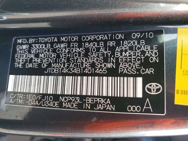 62398296 :رقم المزاد ، JTDBT4K34B1401465 vin ، 2011 Toyota Yaris مزاد بيع