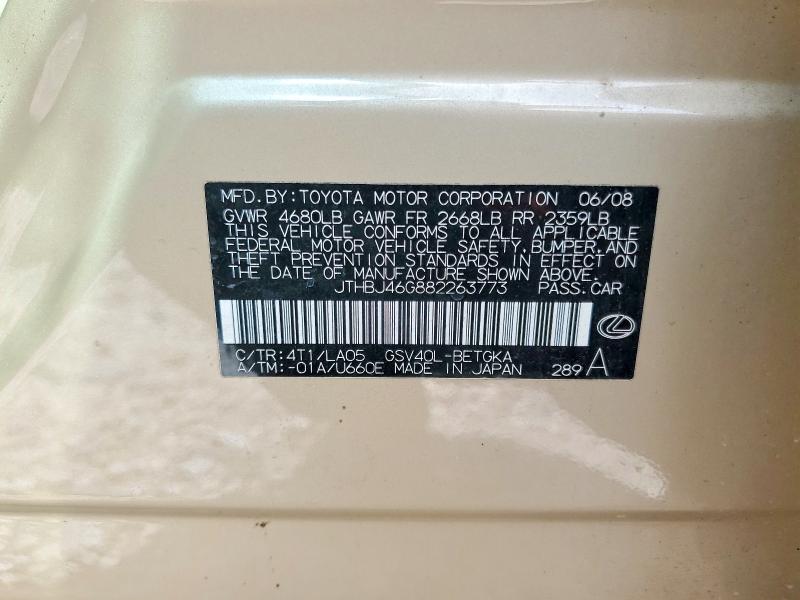 61020056 :رقم المزاد ، JTHBJ46G882263773 vin ، 2008 Lexus Es مزاد بيع
