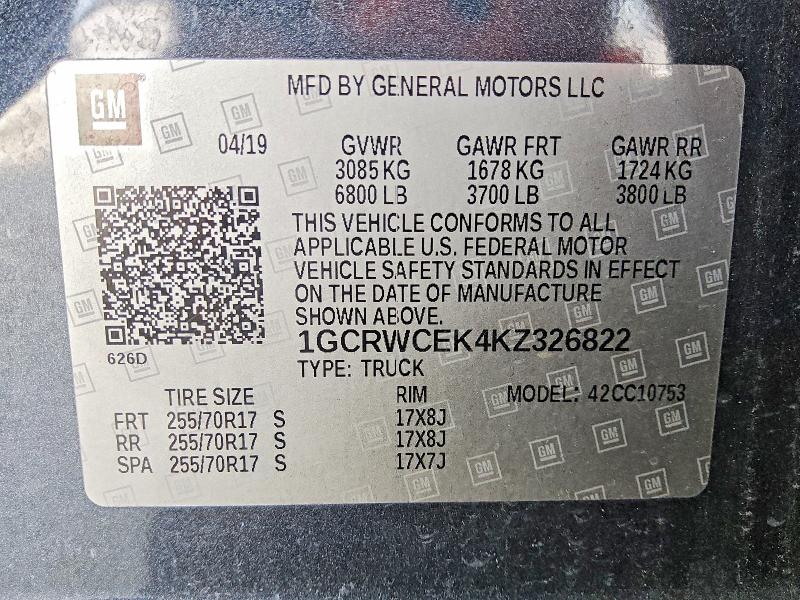 2019 Chevrolet Silverado მანქანა იყიდება აუქციონზე, vin: 1GCRWCEK4KZ326822, აუქციონის ნომერი: 59633806