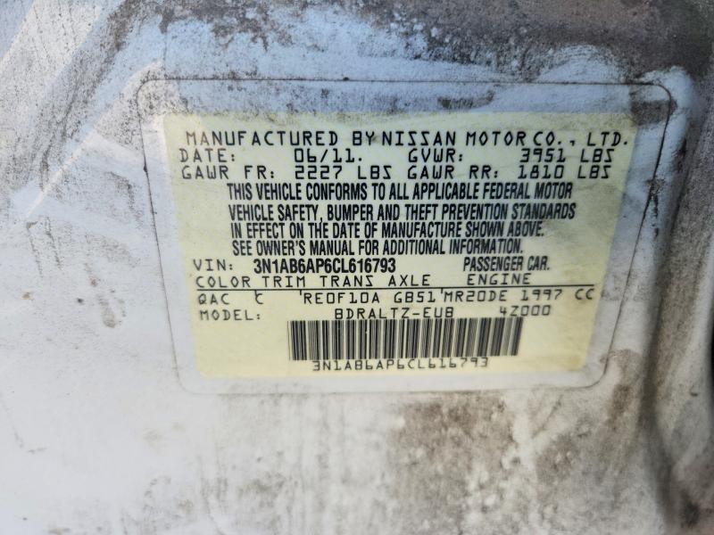2012 Nissan Sentra მანქანა იყიდება აუქციონზე, vin: 3N1AB6AP6CL616793, აუქციონის ნომერი: 62391516