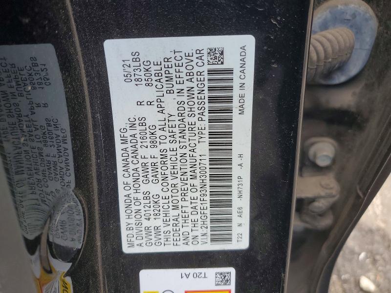 2022 Honda Civic მანქანა იყიდება აუქციონზე, vin: 2HGFE1F93NH300711, აუქციონის ნომერი: 59255406