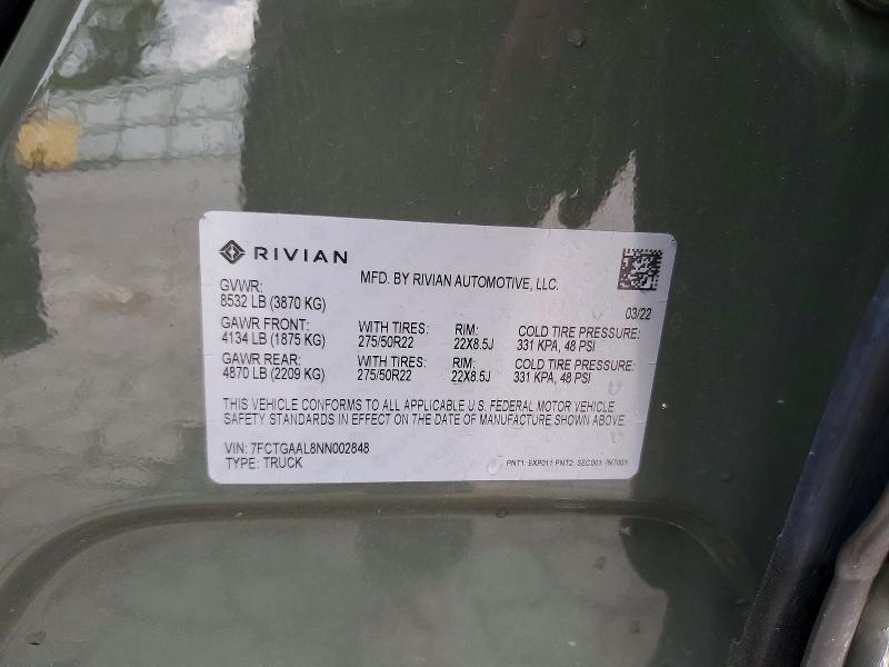 Aukcja sprzedaży 2022 Rivian R1t, vin: 7FCTGAAL8NN002848, numer aukcji: 60601336