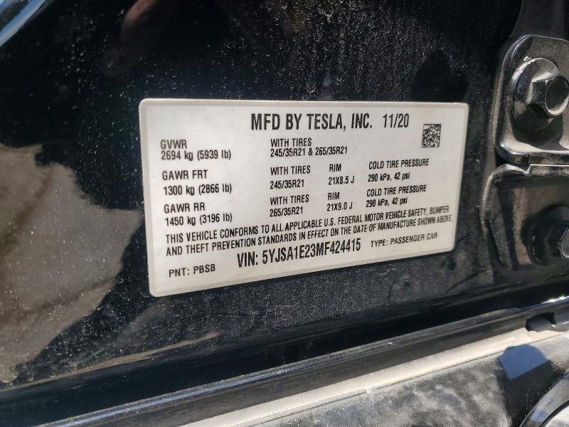 Aukcja sprzedaży 2021 Tesla Model S, vin: 5YJSA1E23MF424415, numer aukcji: 59653406