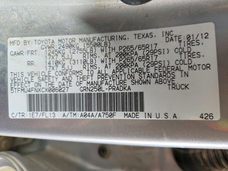 Продажа на аукционе авто 2012 Toyota Tacoma, vin: 5TFMU4FNXCX006027, номер лота: 61309846