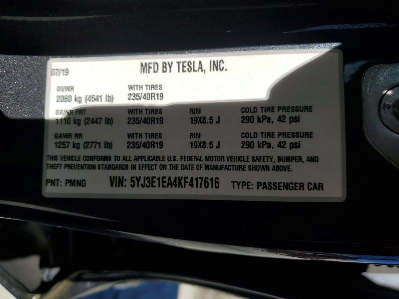 60164396 :رقم المزاد ، 5YJ3E1EA4KF417616 vin ، 2019 Tesla Model 3 مزاد بيع