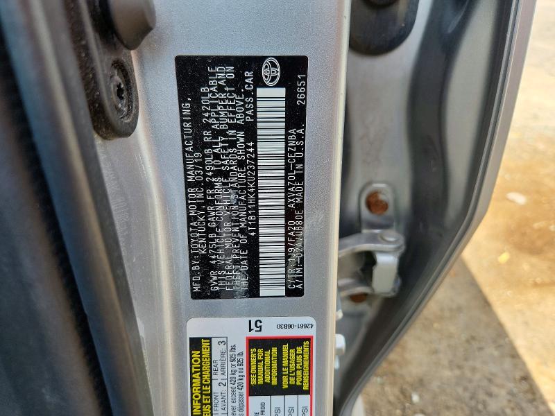 2019 Toyota Camry მანქანა იყიდება აუქციონზე, vin: 4T1B11HK4KU237244, აუქციონის ნომერი: 61929376