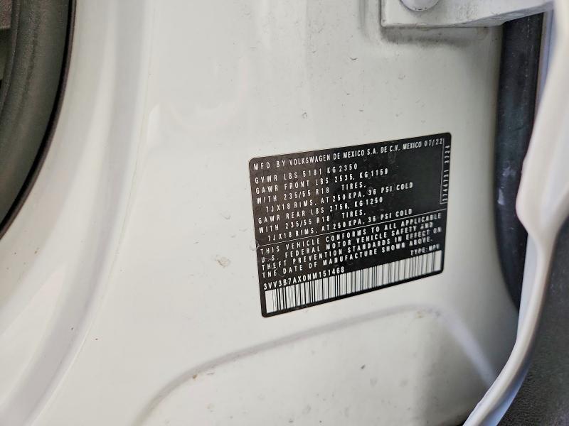 2022 Volkswagen Tiguan მანქანა იყიდება აუქციონზე, vin: 3VV3B7AX0NM151468, აუქციონის ნომერი: 62869966