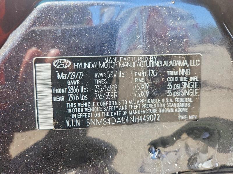 2022 Hyundai Santa Fe მანქანა იყიდება აუქციონზე, vin: 5NMS4DAL4NH449072, აუქციონის ნომერი: 61008526