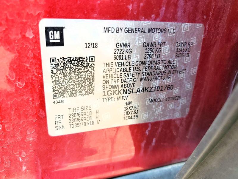 2019 Gmc Acadia მანქანა იყიდება აუქციონზე, vin: 1GKKNSLA4KZ191760, აუქციონის ნომერი: 62499246