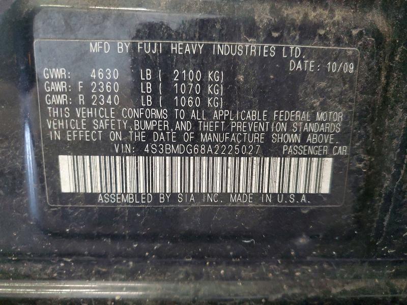 2010 Subaru Legacy მანქანა იყიდება აუქციონზე, vin: 4S3BMDG68A2225027, აუქციონის ნომერი: 60553656