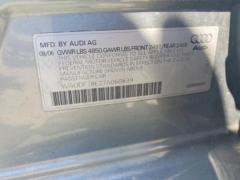 2007 Audi A4 მანქანა იყიდება აუქციონზე, vin: WAUDF78E27A060839, აუქციონის ნომერი: 62695296