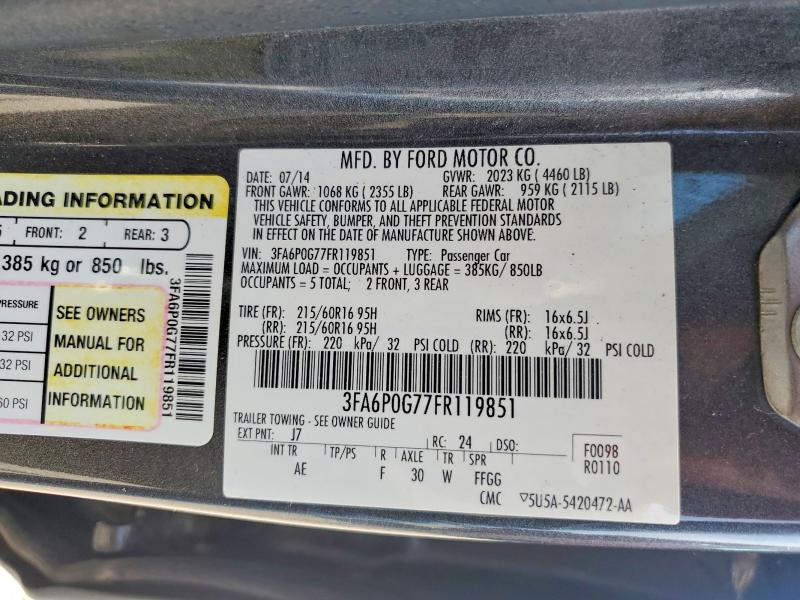 60372836 :رقم المزاد ، 3FA6P0G77FR119851 vin ، 2015 Ford Fusion مزاد بيع