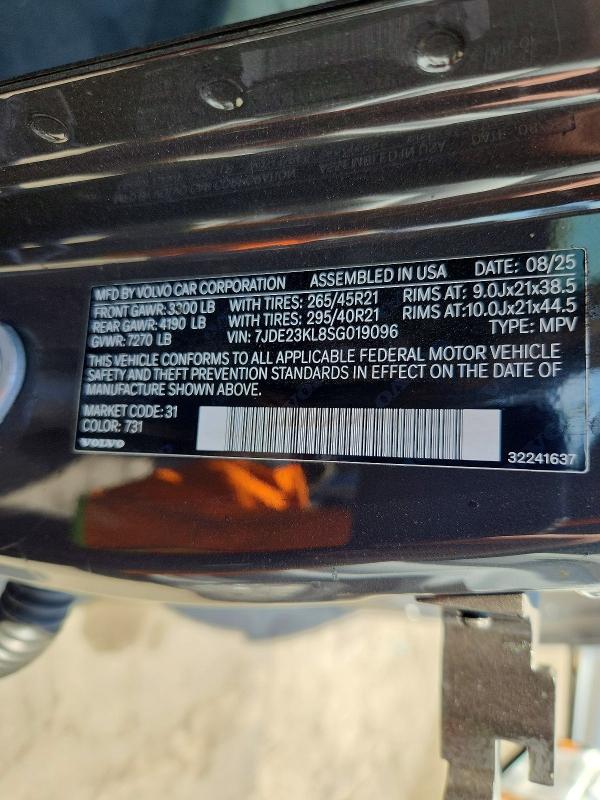 Aukcja sprzedaży 2025 Volvo Ex90, vin: 7JDE23KL8SG019096, numer aukcji: 62611236