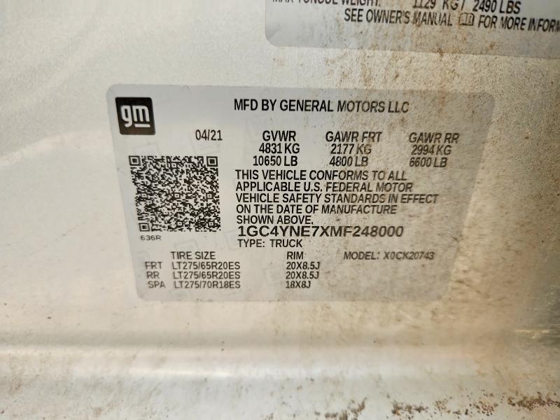 Aukcja sprzedaży 2021 Chevrolet Silverado, vin: 1GC4YNE7XMF248000, numer aukcji: 62154506