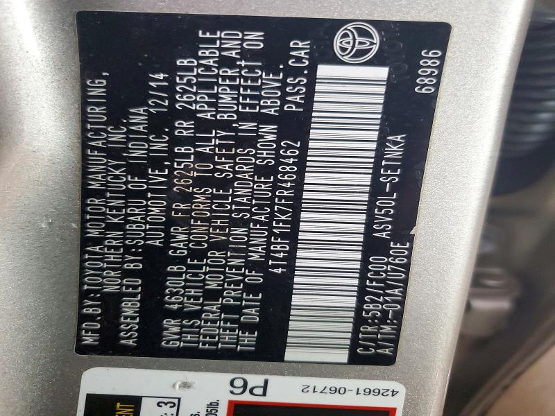62253076 :رقم المزاد ، 4T4BF1FK7FR468462 vin ، 2015 Toyota Camry مزاد بيع