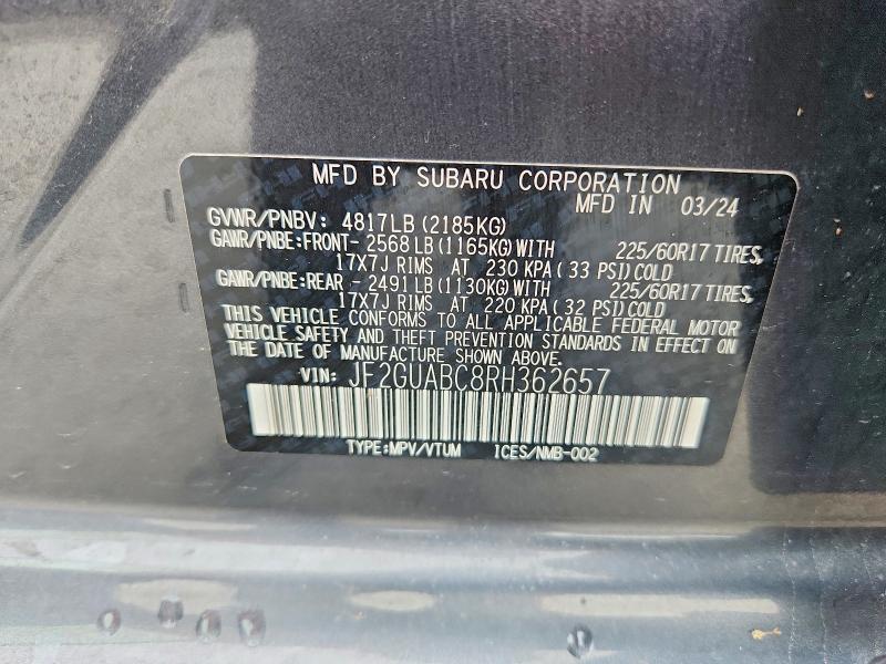 Aukcja sprzedaży 2024 Subaru Crosstrek, vin: JF2GUABC8RH362657, numer aukcji: 60429926