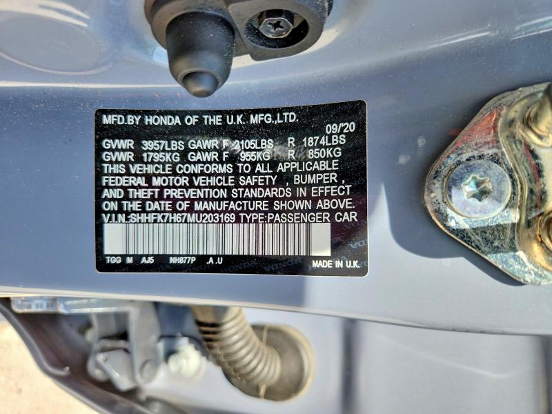 2021 Honda Civic მანქანა იყიდება აუქციონზე, vin: SHHFK7H67MU203169, აუქციონის ნომერი: 61382306