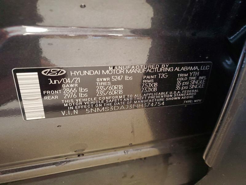 Aukcja sprzedaży 2022 Hyundai Santa Fe, vin: 5NMS3DAJ3NH374754, numer aukcji: 58080406